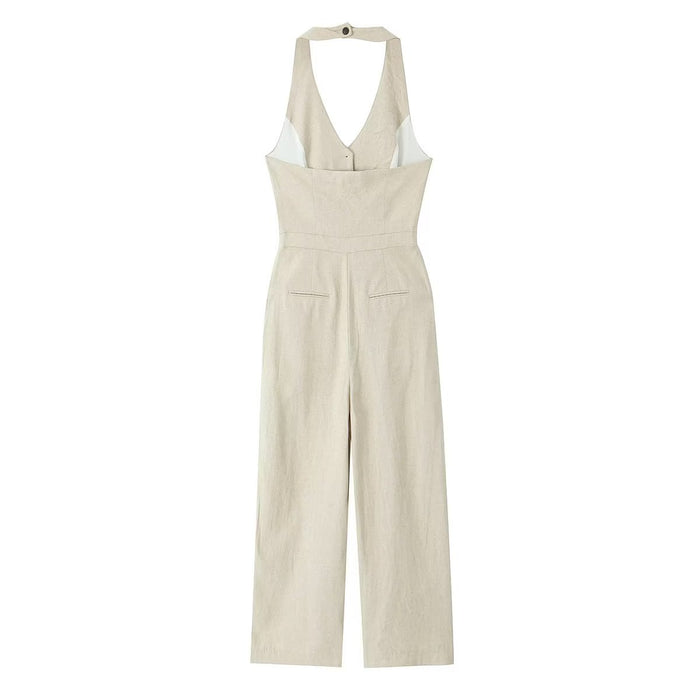 Summer Women Clothing Stylish Simple Linen Halter Jumpsuit