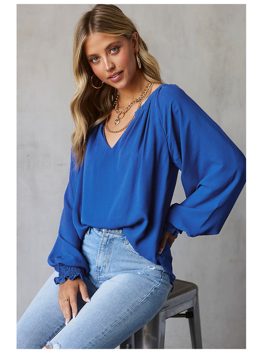 Solid Color Chiffon Shirt Women Spring Autumn New V neck Pullover Loose Fitting Long Sleeves Top Women