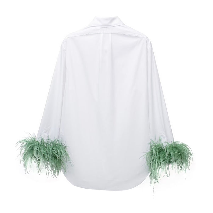 Women  Stand Collar  Hollow Out Cutout Cuff Feather Decorative Silk Textured Shirt