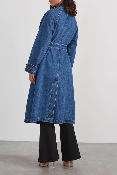 Autumn Winter Women Windbreaker Denim Cotton Solid Color Double Pocket Long Buckle Baggy Coat