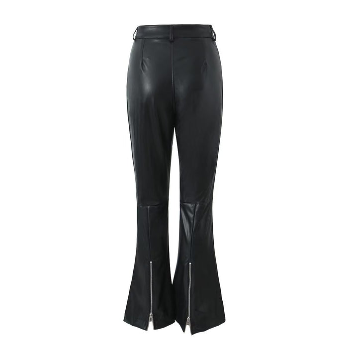 Sexy Black Faux Leather Pants Women Autumn High Street Pants Opening Zipper Straight Bootcut Trousers