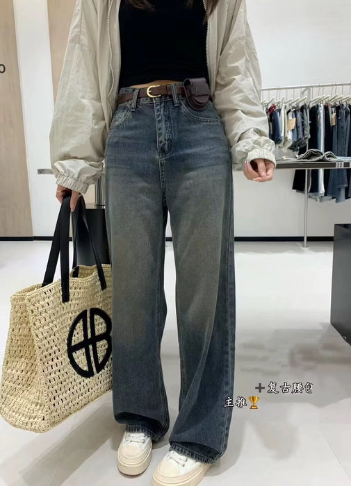 Retro Washed Straight Jeans Autumn High Waist Loose All Match Waist Bag Wide Leg Trousers