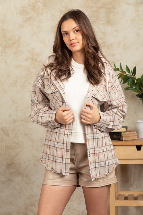 Winter Women Clothing Hooded Large Pocket Plaid Shacket