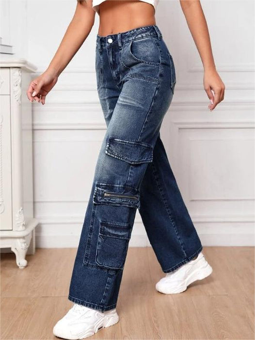 Multi Bag Jeans Women High Waist Tooling Pants Loose Washed Out Jeans