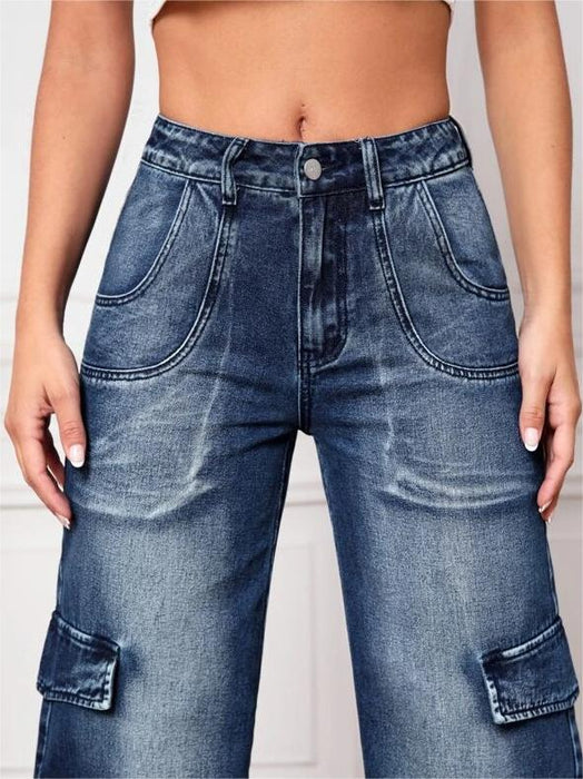 Multi Bag Jeans Women High Waist Tooling Pants Loose Washed Out Jeans