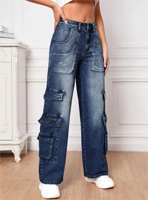 Multi Bag Jeans Women High Waist Tooling Pants Loose Washed Out Jeans