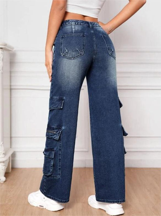 Multi Bag Jeans Women High Waist Tooling Pants Loose Washed Out Jeans