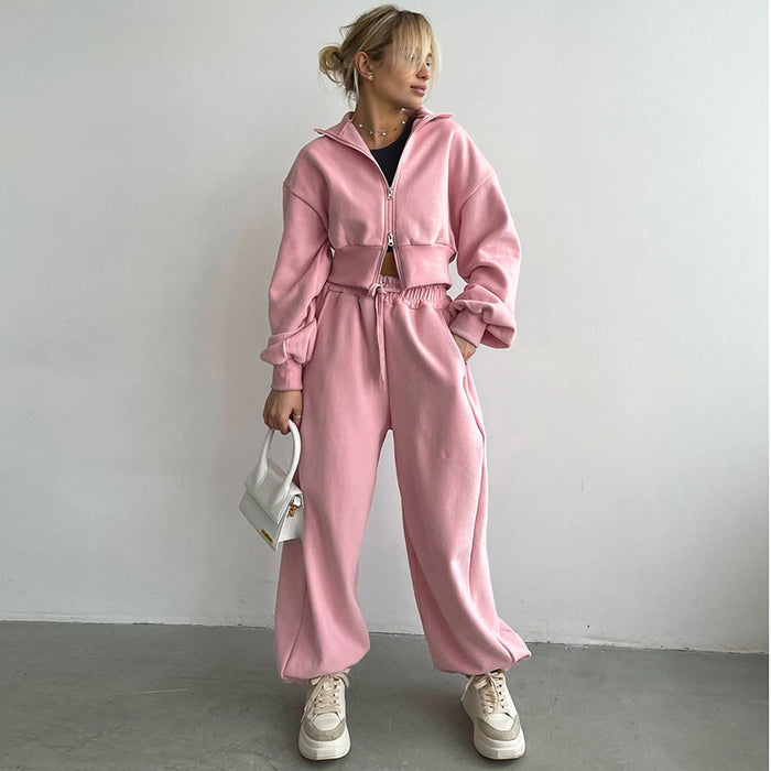 Casual Pink Coat Sweatshirt Solid Color with Fur Trousers Long Sleeve Sportswear Autumn Winter Pant Sets