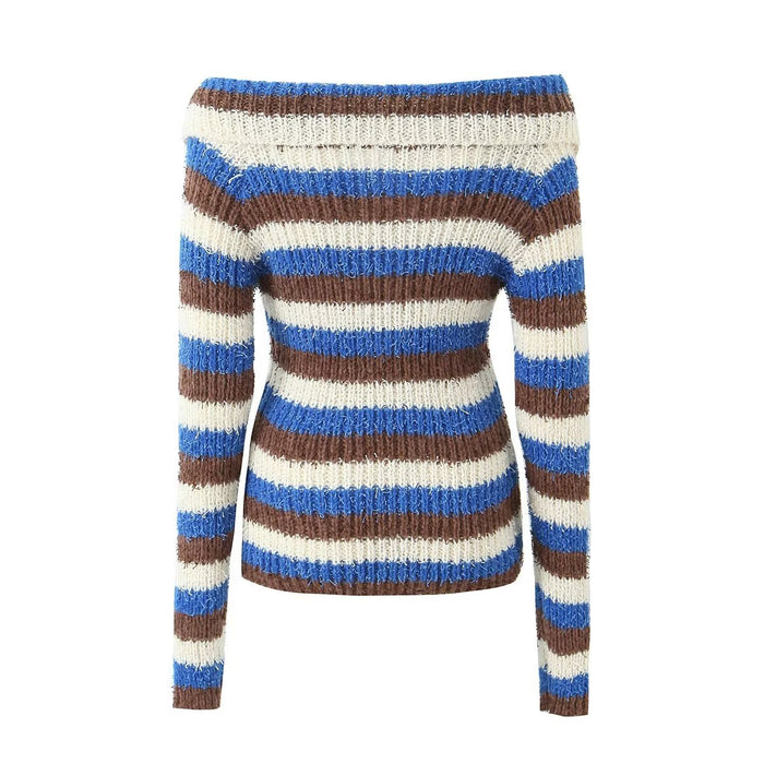 Niche Retro Flanging off Neck Sexy Strapless Long Sleeve Sweater Women Striped Contrast Color Lazy Knitted Cardigan Top