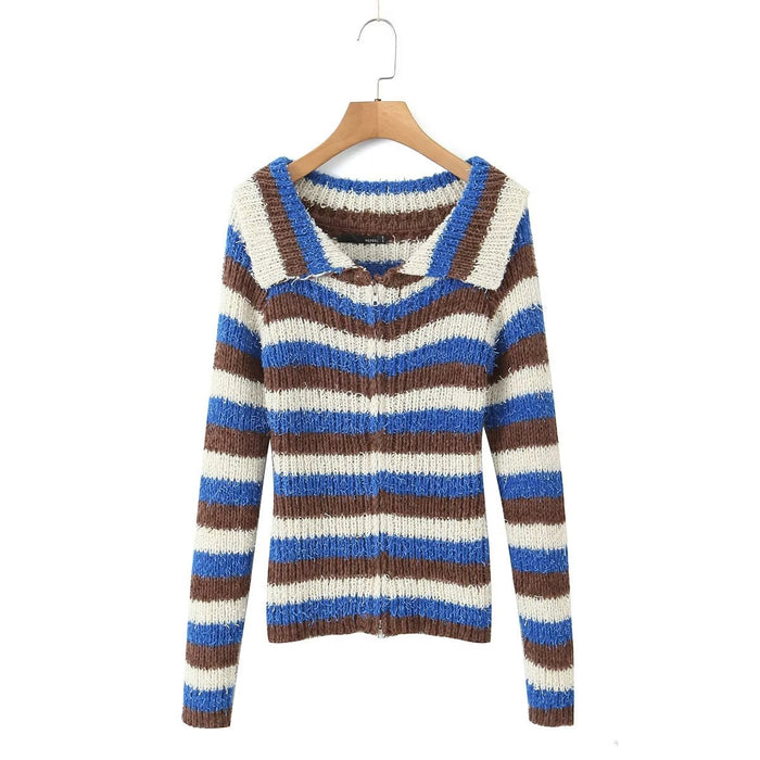 Niche Retro Flanging off Neck Sexy Strapless Long Sleeve Sweater Women Striped Contrast Color Lazy Knitted Cardigan Top