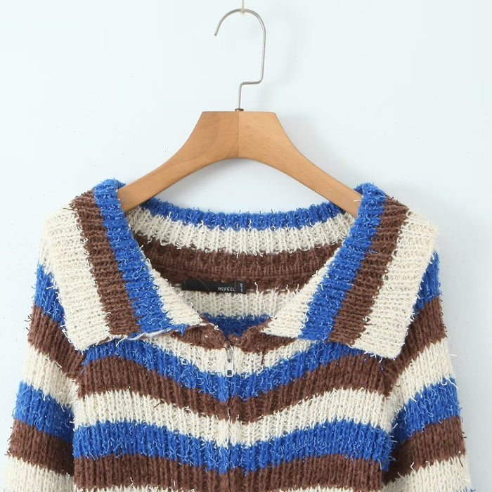 Niche Retro Flanging off Neck Sexy Strapless Long Sleeve Sweater Women Striped Contrast Color Lazy Knitted Cardigan Top