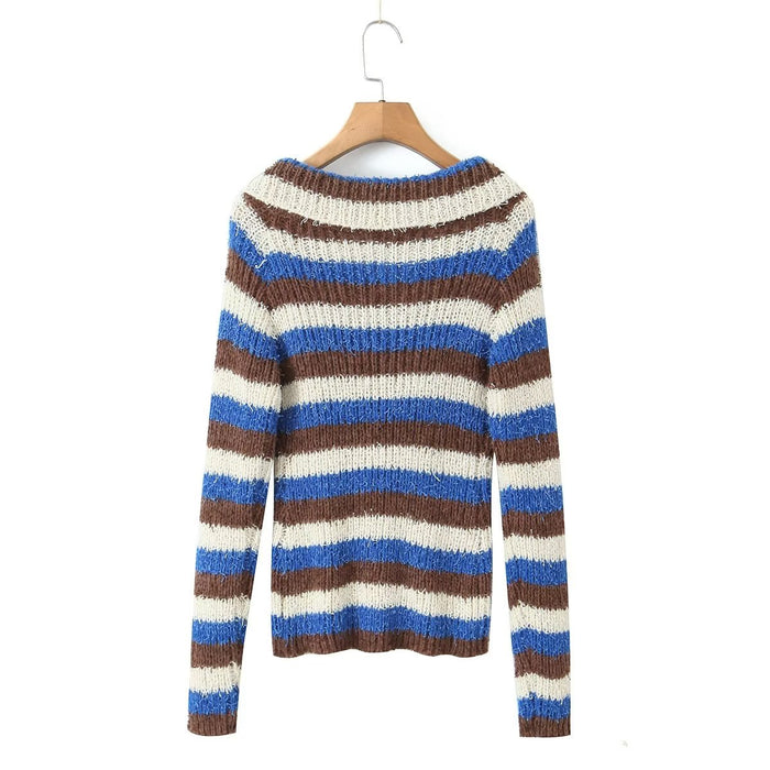 Niche Retro Flanging off Neck Sexy Strapless Long Sleeve Sweater Women Striped Contrast Color Lazy Knitted Cardigan Top