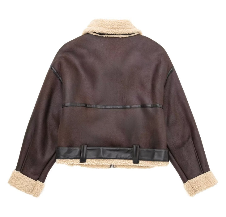 Autumn Winter Faux Shearling Jacket Cool Sexy Women Clothing Street Collared Short Motorcycle Jacket