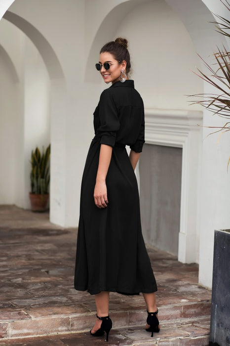 Button Collared Shirt Collar Maxi Dress Invulnerability Belt