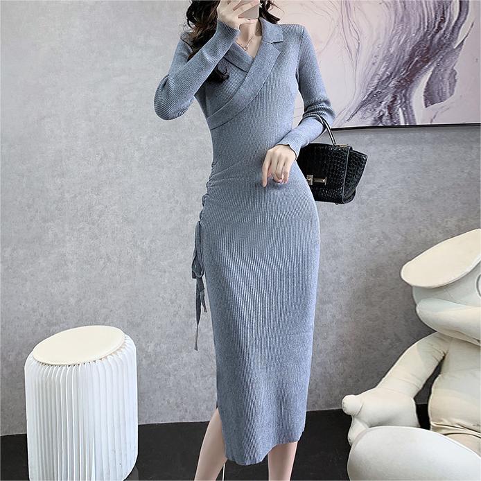 Elegant Collared Knitted Dress Autumn Winter Women Wear Waist Controlled Long Sleeves Sweater Dress