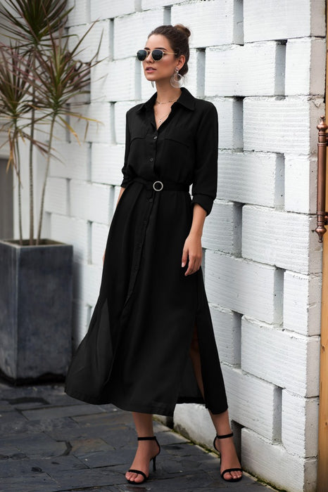 Button Collared Shirt Collar Maxi Dress Invulnerability Belt