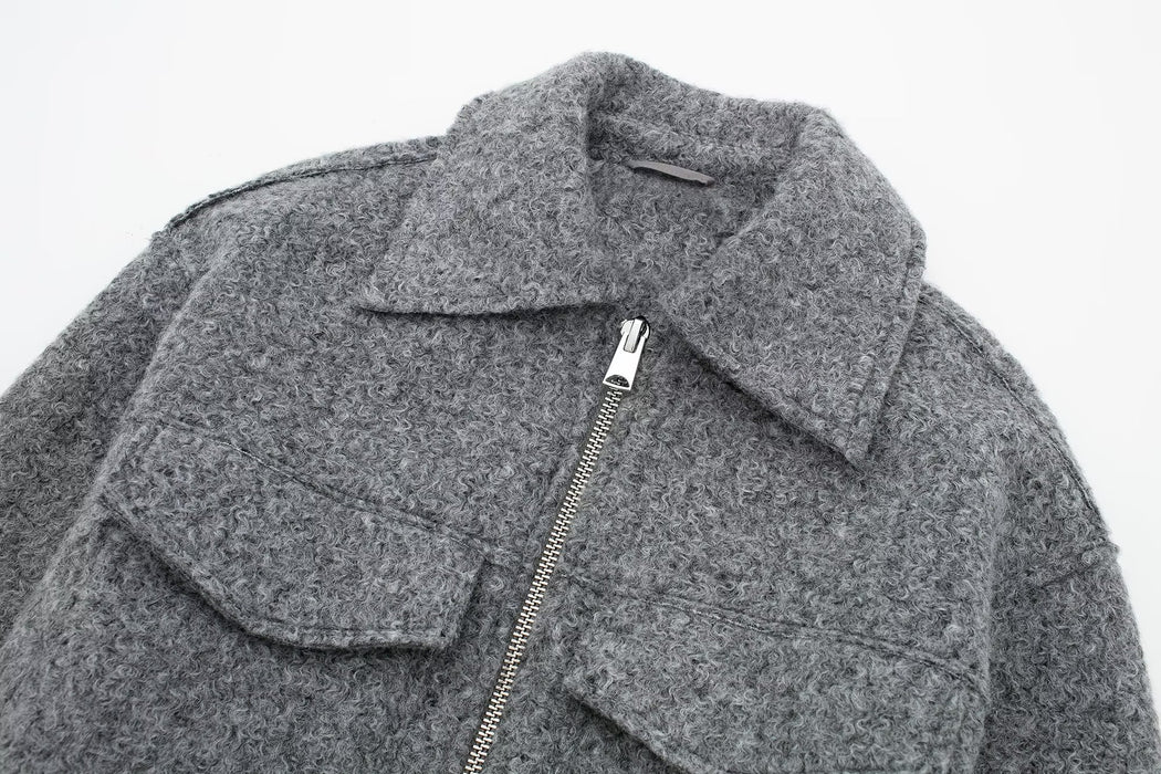 Women Autumn Winter Polo Collar Pocket Casual Zipper Soft Tweed Jacket Coat