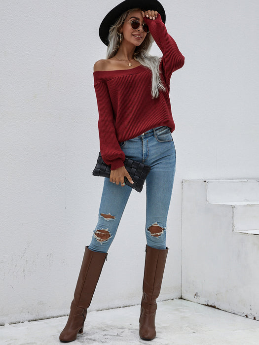 Off Shoulder Loose Sweater Autumn Winter Off Shoulder Solid Color Pullover Sweater Women