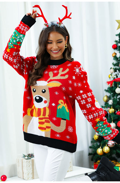 Winter Cartoon Reindeer Christmas Sweater Round Neck Pullover Sweater Women