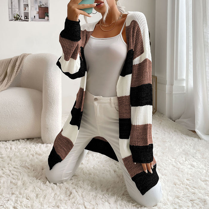 Autumn Winter Middle East Women Long Button Free Colorblock Sweater Coat