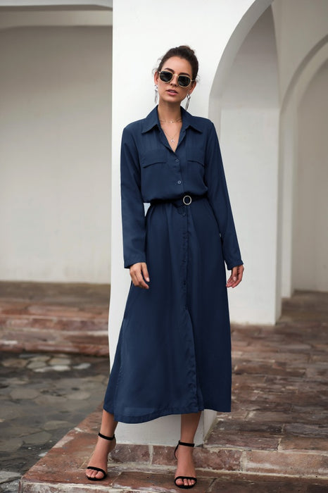 Button Collared Shirt Collar Maxi Dress Invulnerability Belt