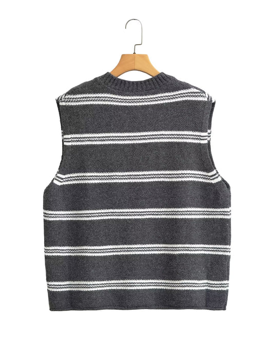 Fall Women Clothing Fashionable All Match Sleeveless Striped Vest