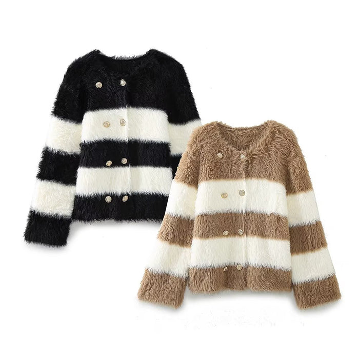 Fall Women Clothing All Match Mixed Color Stripe round Neck Gold Double Breasted Long Sleeve Knitted Coat