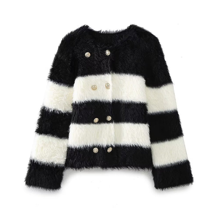 Fall Women Clothing All Match Mixed Color Stripe round Neck Gold Double Breasted Long Sleeve Knitted Coat