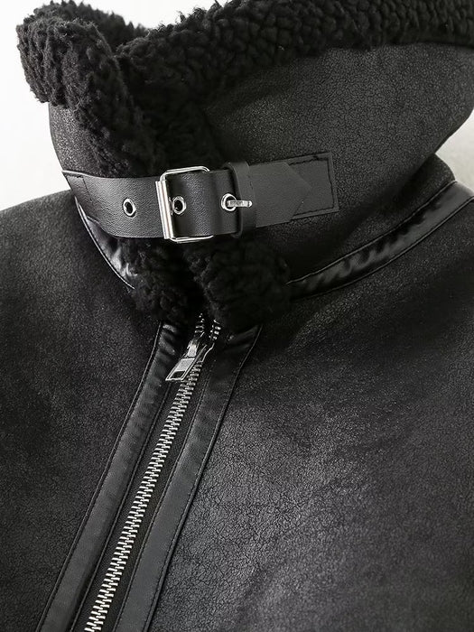 High Street Double Sided Faux Leather Polo Collar Jacket Autumn Winter Loose Casual Jacket Cold Proof Thermal Zipper Motorcycle Clothing