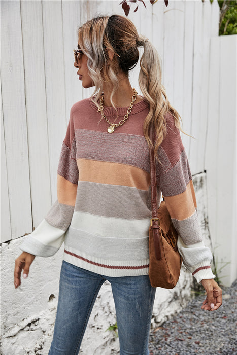 Winter Clothes Sweater Patchwork round Neck Personalized Striped Loose Sweater Sweater Women