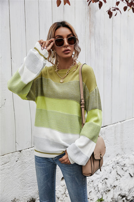 Winter Clothes Sweater Patchwork round Neck Personalized Striped Loose Sweater Sweater Women