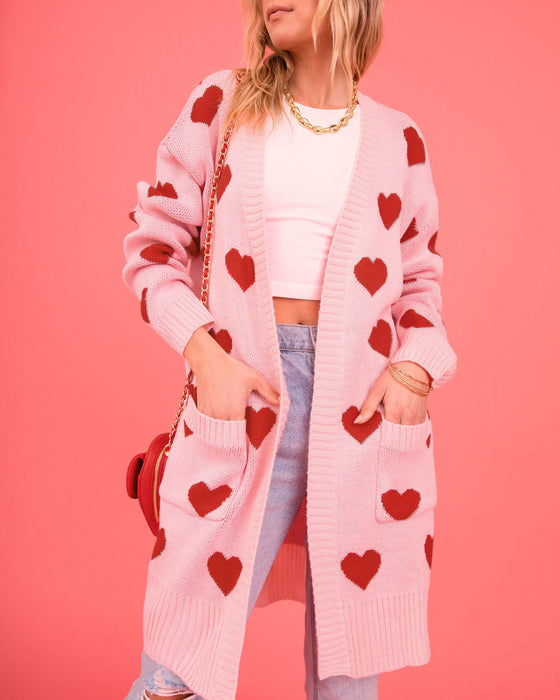 Valentine Day Heart Knitted Cardigan Love Pocket V Neck Mid Length Coat Women