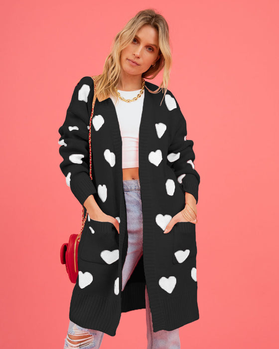 Valentine Day Heart Knitted Cardigan Love Pocket V Neck Mid Length Coat Women