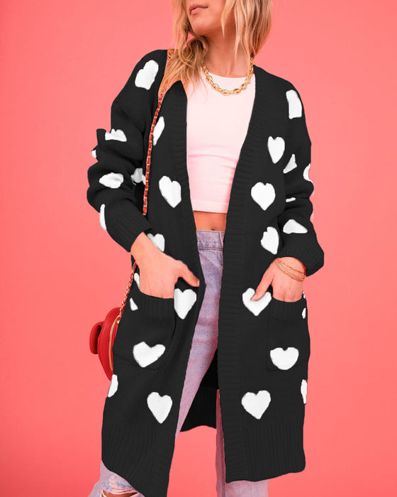 Valentine Day Heart Knitted Cardigan Love Pocket V Neck Mid Length Coat Women