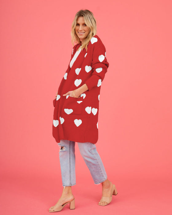 Valentine Day Heart Knitted Cardigan Love Pocket V Neck Mid Length Coat Women