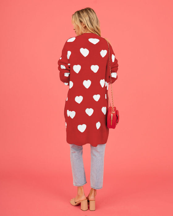 Valentine Day Heart Knitted Cardigan Love Pocket V Neck Mid Length Coat Women