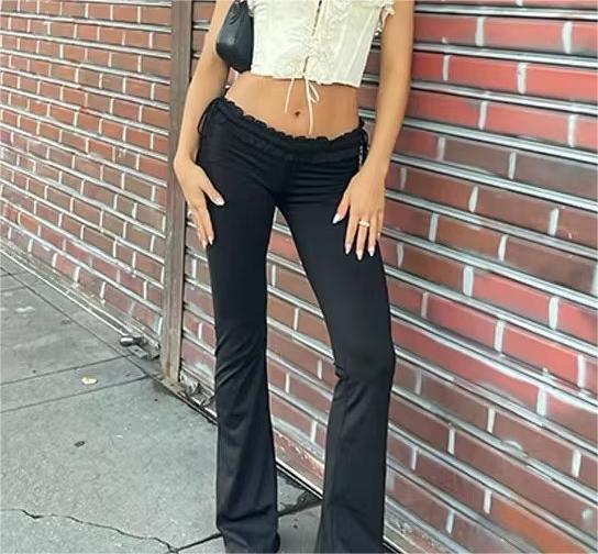 Waist Stringy Selvedge Lace up Solid Color Bell Bottom Pants Casual Trousers Autumn Women Clothing