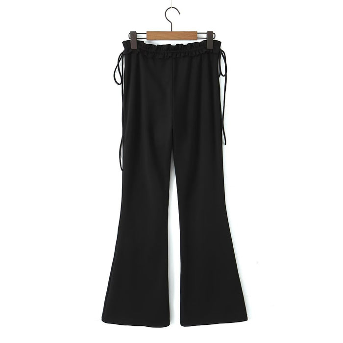 Waist Stringy Selvedge Lace up Solid Color Bell Bottom Pants Casual Trousers Autumn Women Clothing