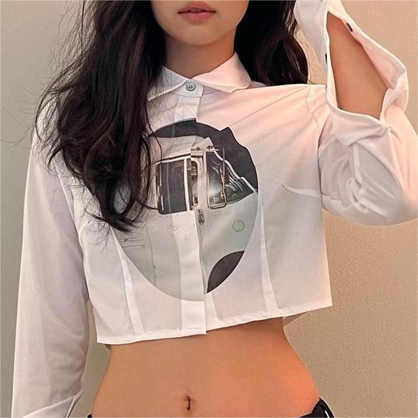 Early Spring Women Clothing Top Jin Zhini Jennie Same Trendy Printed Short Long Sleeve Shirt