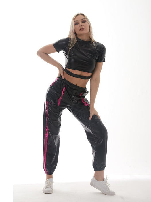 Metallic Coated Fabric Solid Color Shiny Patent Leather Glue Coated Stage Wear Small Turtleneck Performance Wear Short Sleeve Bare Cropped Women