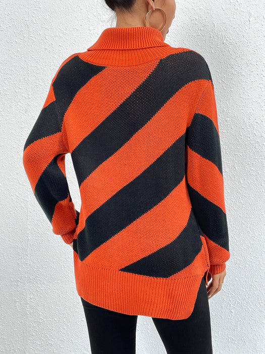 Autumn Winter Turtleneck Pullover Contrast Color Diagonal Striped Knitted Bottoming Shirt Women