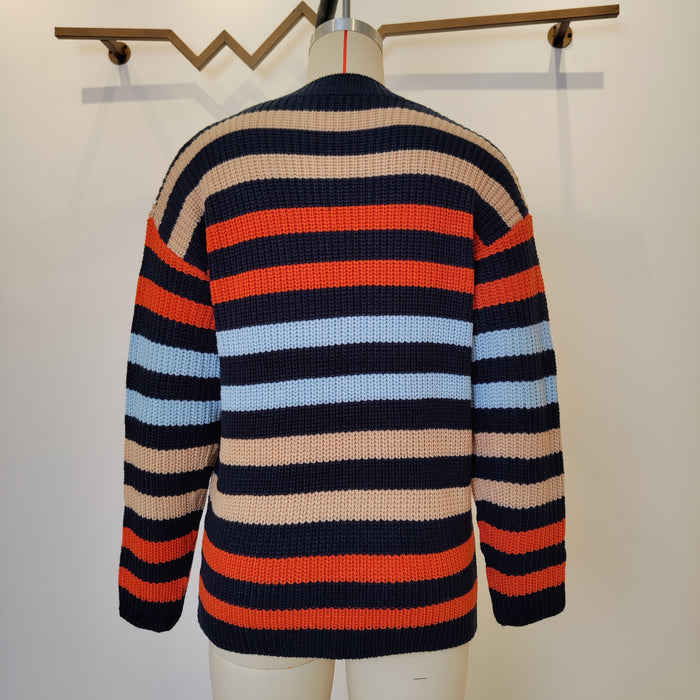 Autumn Contrast Color Striped Sweater Round Neck Office Loose Fitting Long Sleeve Sweater