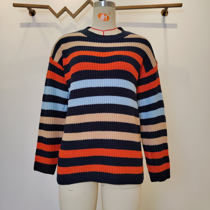 Autumn Contrast Color Striped Sweater Round Neck Office Loose Fitting Long Sleeve Sweater