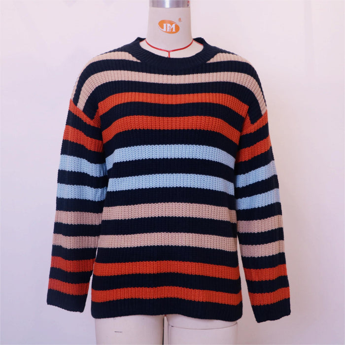 Autumn Contrast Color Striped Sweater Round Neck Office Loose Fitting Long Sleeve Sweater