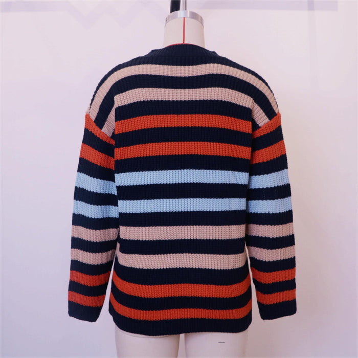 Autumn Contrast Color Striped Sweater Round Neck Office Loose Fitting Long Sleeve Sweater