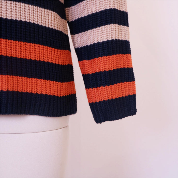 Autumn Contrast Color Striped Sweater Round Neck Office Loose Fitting Long Sleeve Sweater