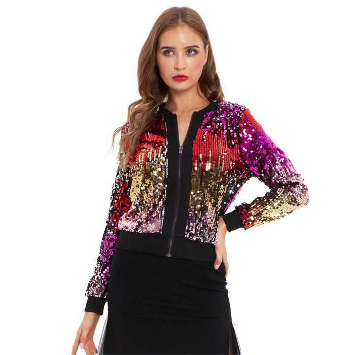 Autumn Winter Sequin Gradient Color Women   Jacket Coat