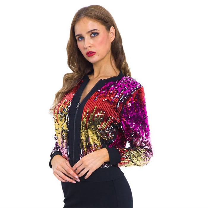 Autumn Winter Sequin Gradient Color Women   Jacket Coat