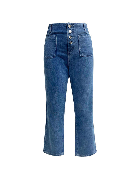 Retro Loose Straight Single Row Ornament High Waist Wide Leg Women Jeans Cropped Pants