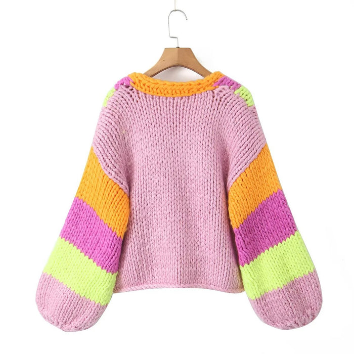 Autumn Women Handmade Color Knitted Cardigan Sweater Coat